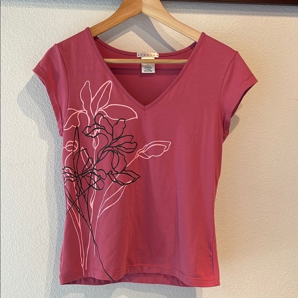 Old Navy Stretch Cotton Women's Floral V Neck Top, Berry, Size L